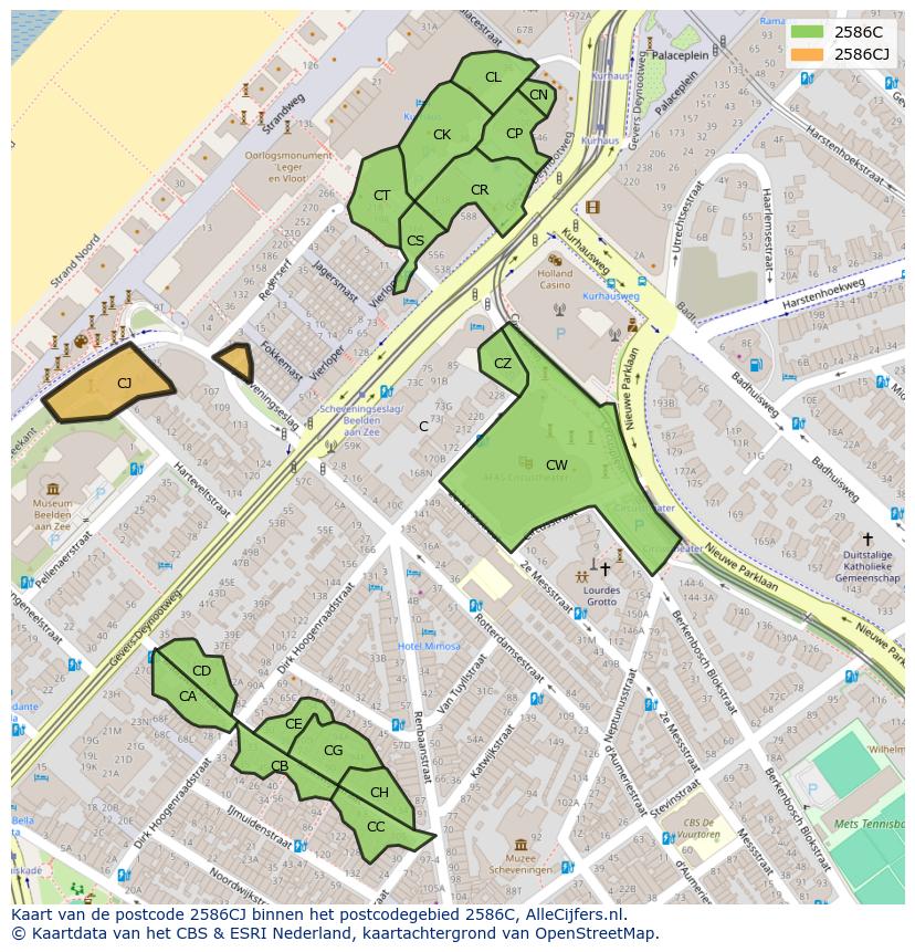 Afbeelding van het postcodegebied 2586 CJ op de kaart.