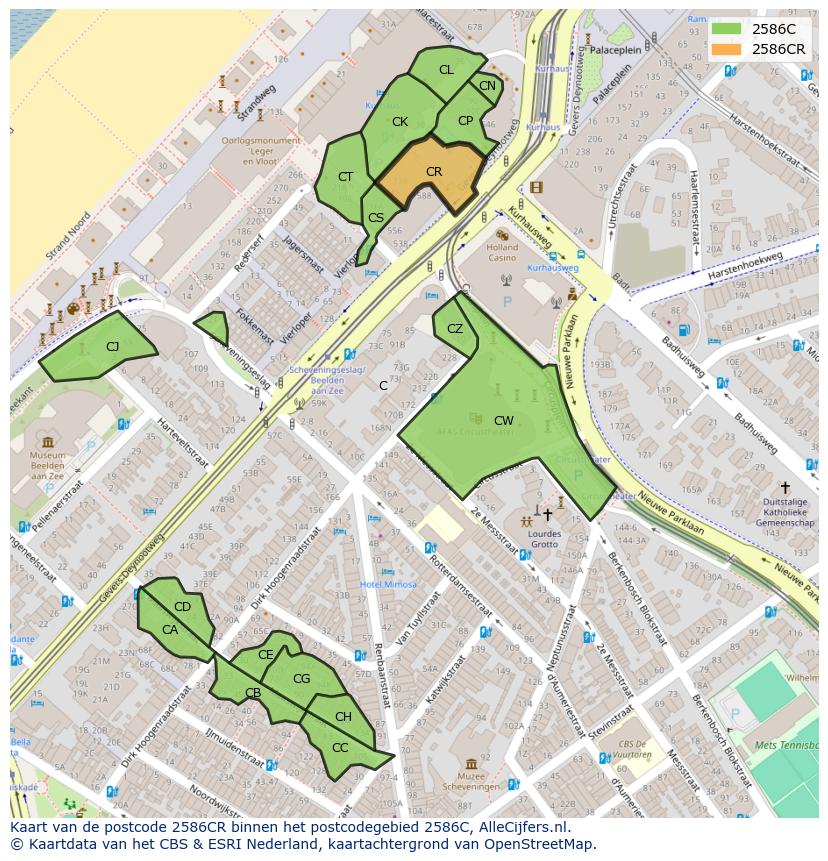 Afbeelding van het postcodegebied 2586 CR op de kaart.