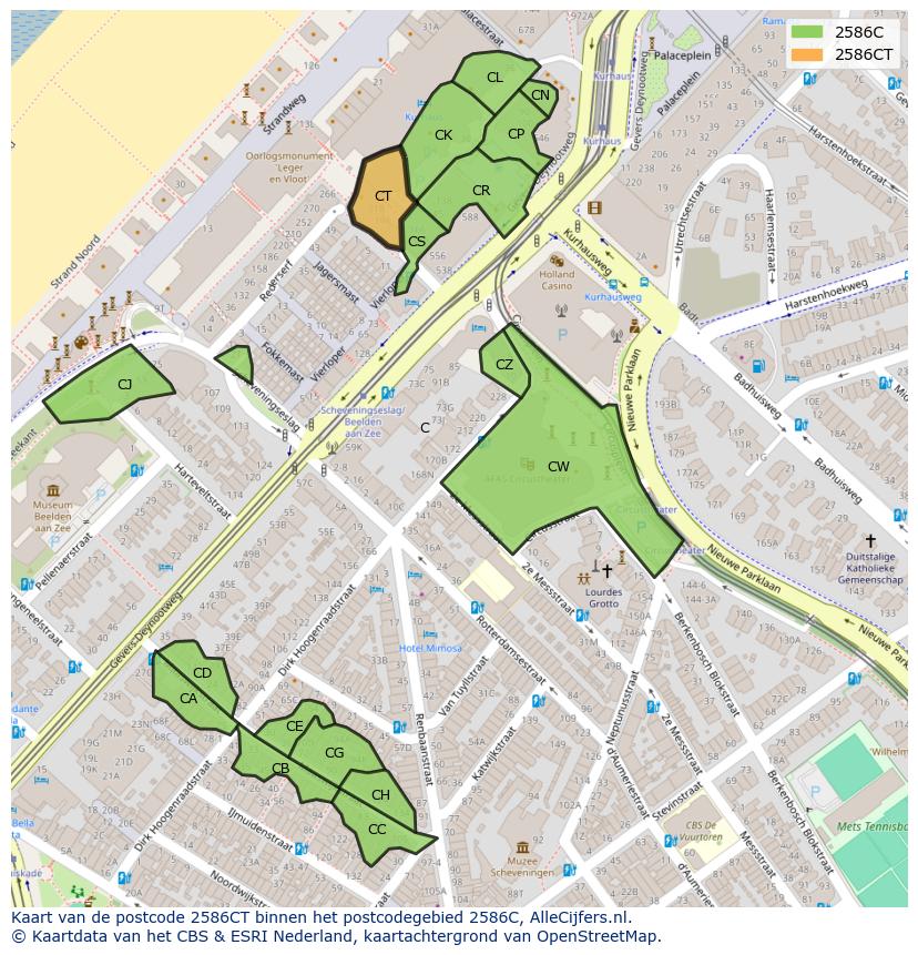 Afbeelding van het postcodegebied 2586 CT op de kaart.