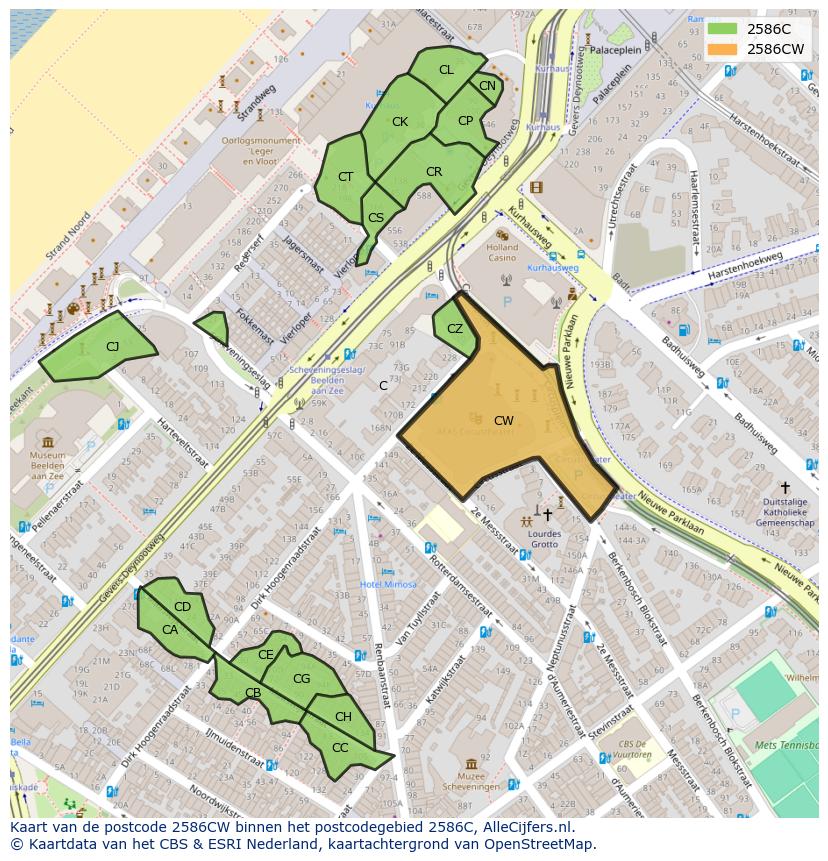 Afbeelding van het postcodegebied 2586 CW op de kaart.