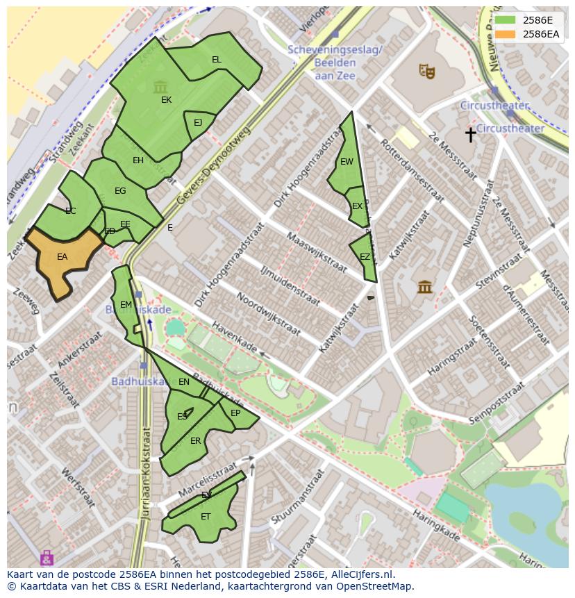 Afbeelding van het postcodegebied 2586 EA op de kaart.