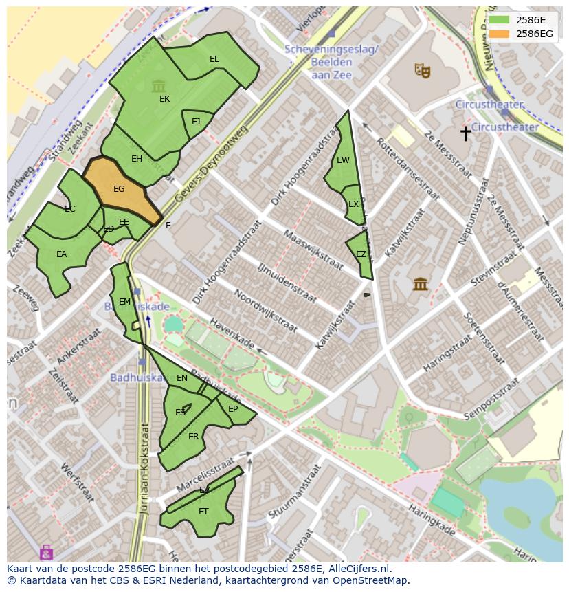 Afbeelding van het postcodegebied 2586 EG op de kaart.