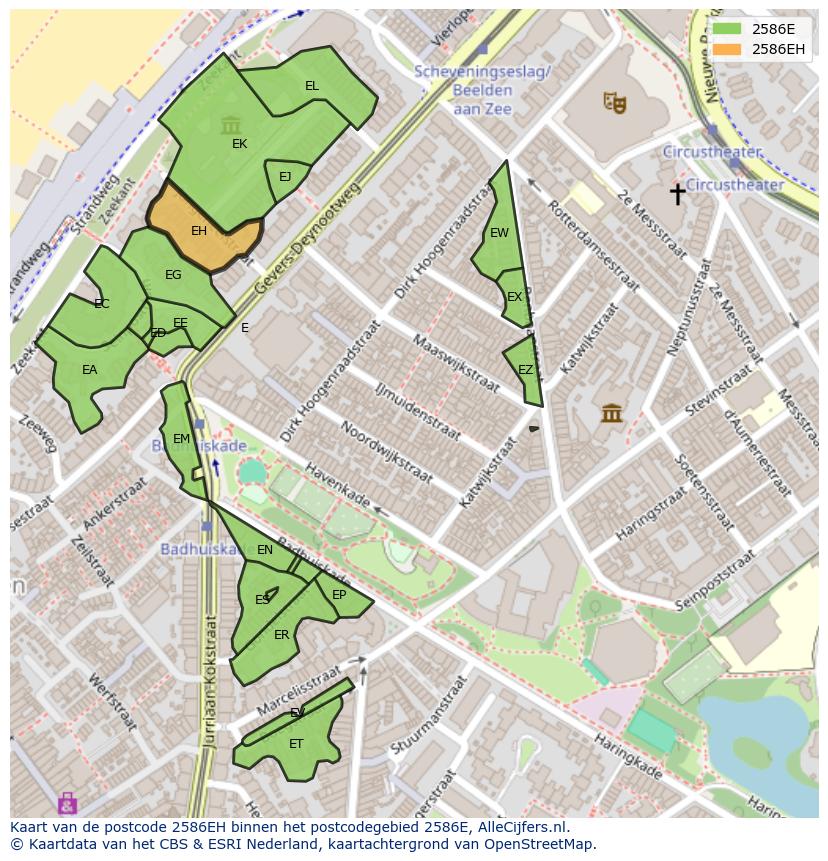 Afbeelding van het postcodegebied 2586 EH op de kaart.