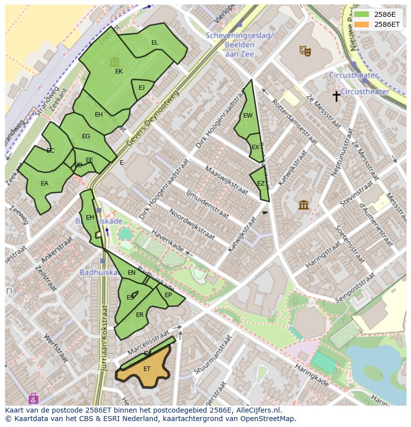 Afbeelding van het postcodegebied 2586 ET op de kaart.
