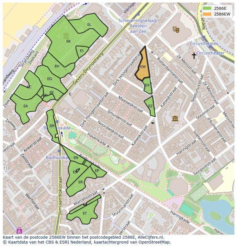 Afbeelding van het postcodegebied 2586 EW op de kaart.