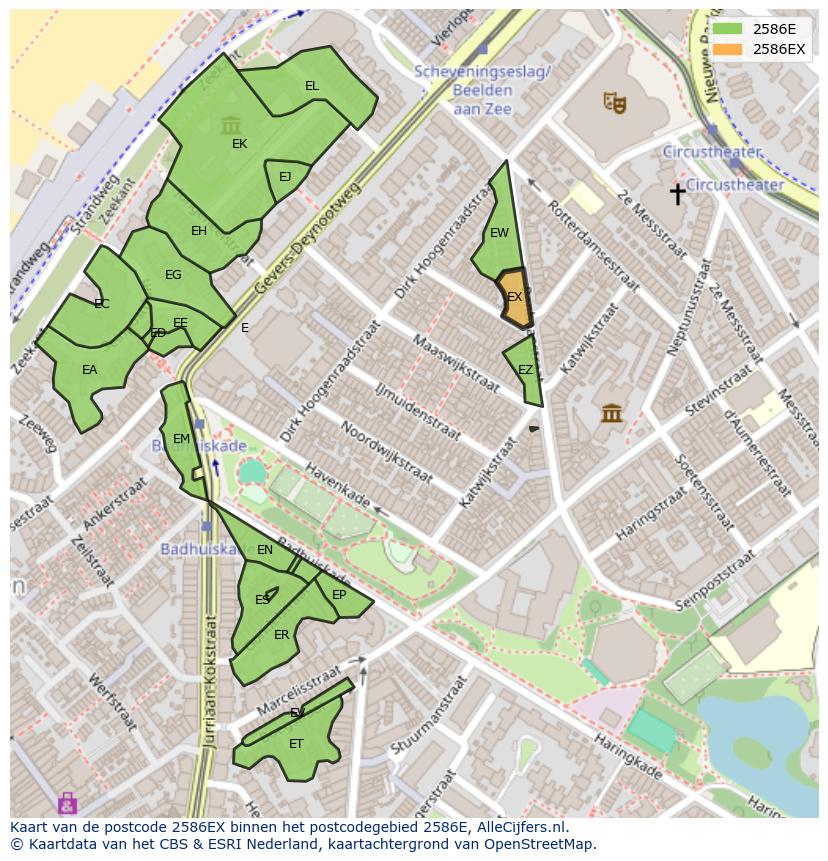 Afbeelding van het postcodegebied 2586 EX op de kaart.