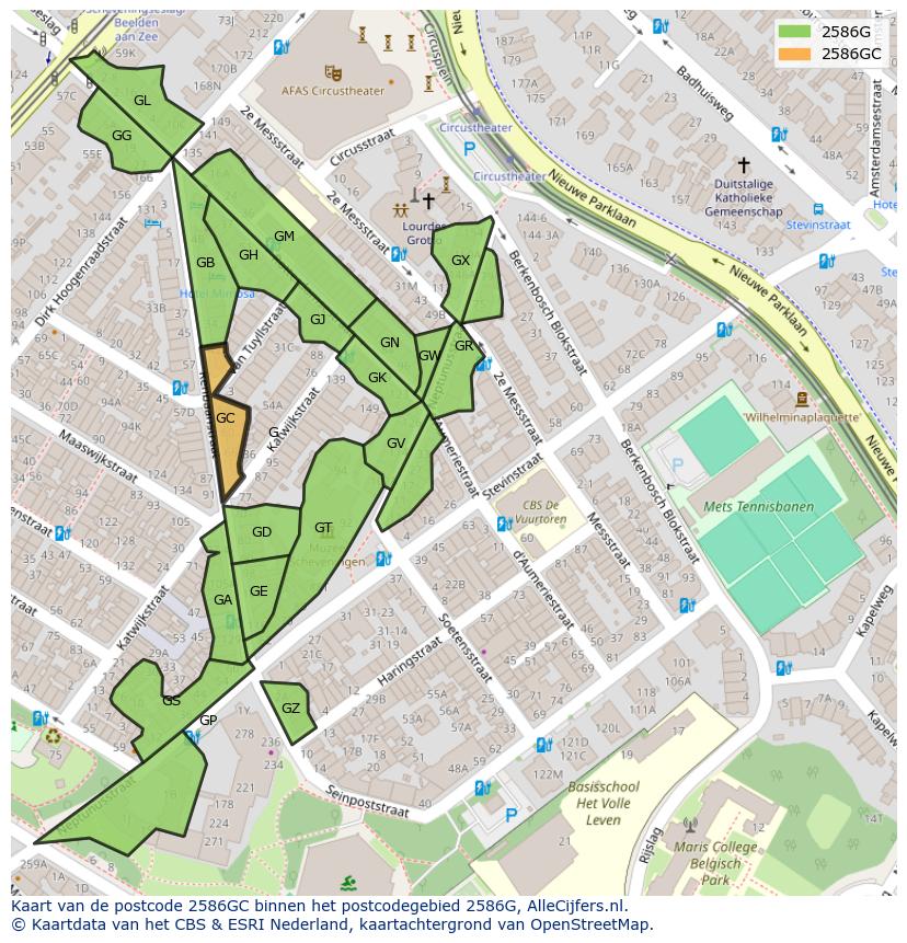 Afbeelding van het postcodegebied 2586 GC op de kaart.