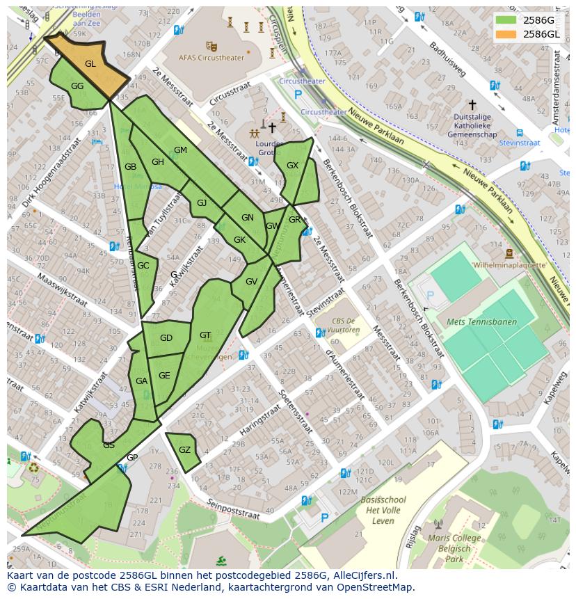 Afbeelding van het postcodegebied 2586 GL op de kaart.