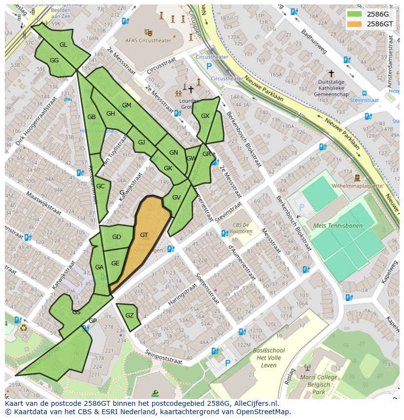 Afbeelding van het postcodegebied 2586 GT op de kaart.