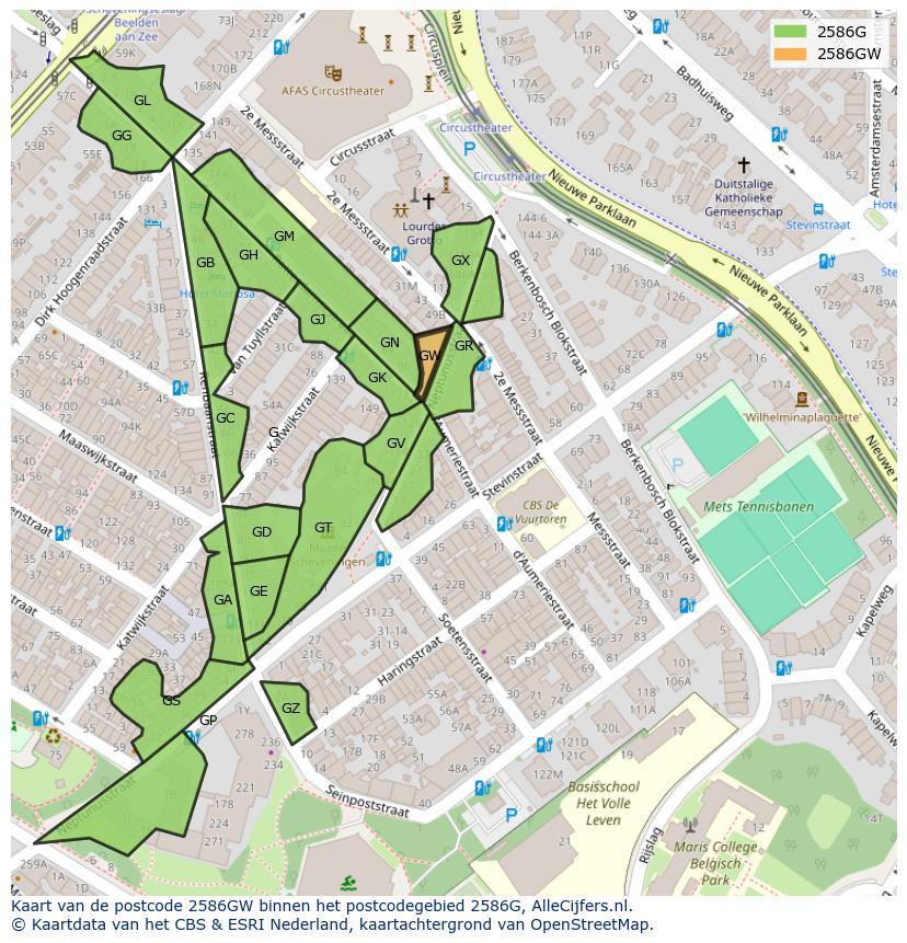 Afbeelding van het postcodegebied 2586 GW op de kaart.