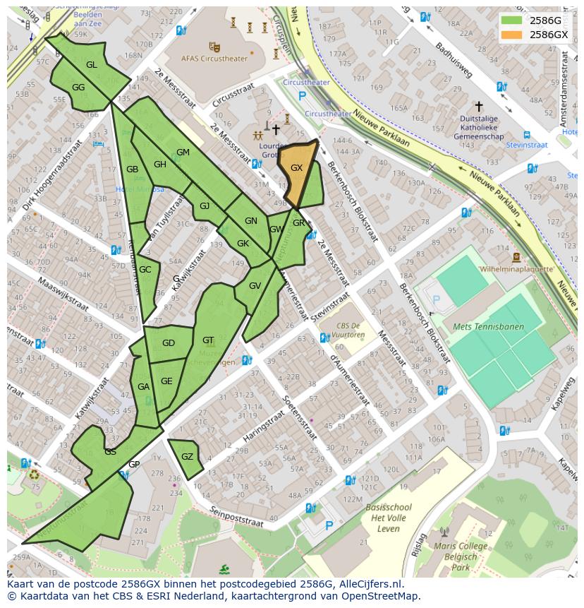 Afbeelding van het postcodegebied 2586 GX op de kaart.