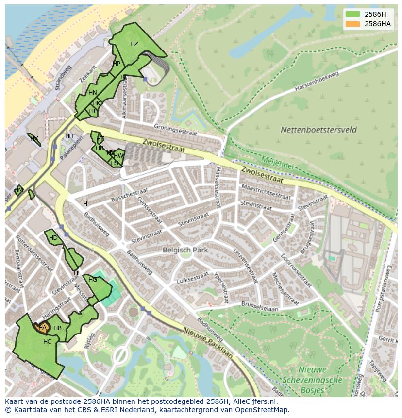 Afbeelding van het postcodegebied 2586 HA op de kaart.