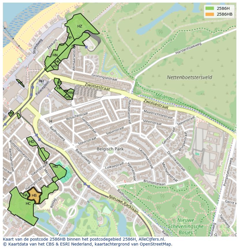 Afbeelding van het postcodegebied 2586 HB op de kaart.