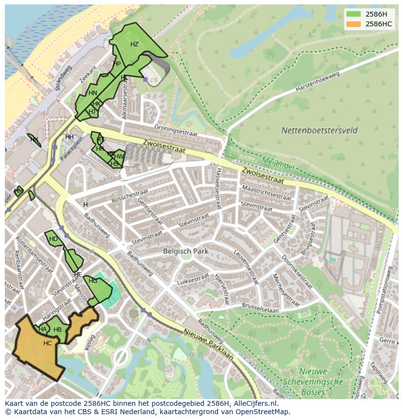 Afbeelding van het postcodegebied 2586 HC op de kaart.