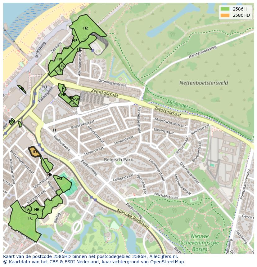 Afbeelding van het postcodegebied 2586 HD op de kaart.