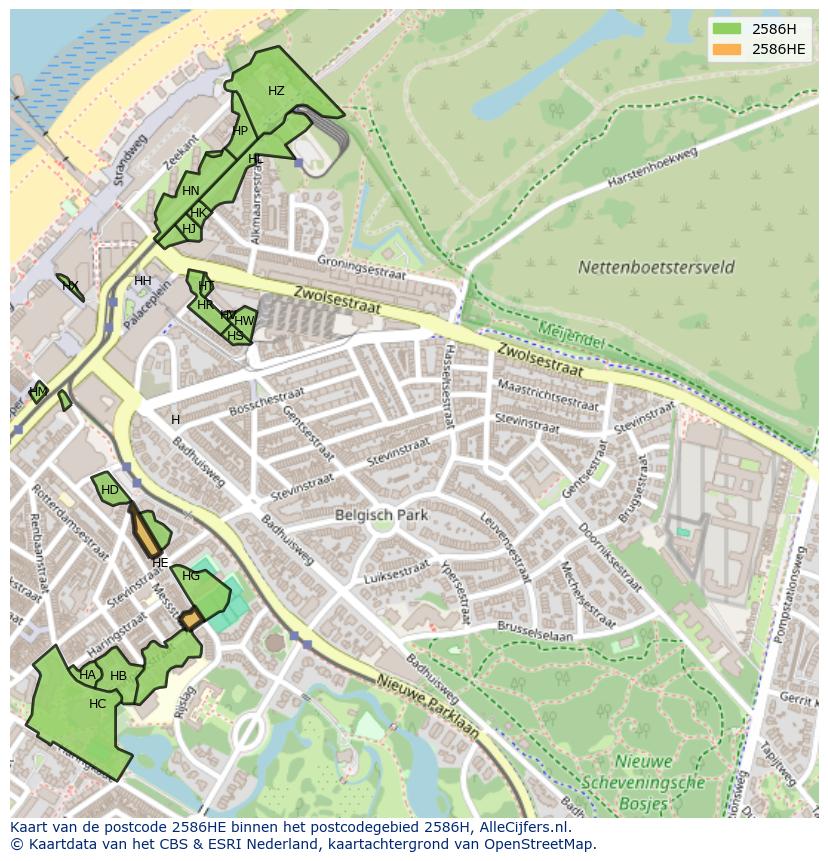 Afbeelding van het postcodegebied 2586 HE op de kaart.