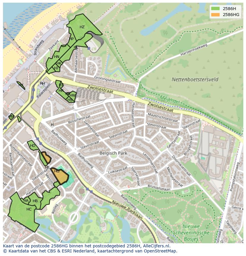 Afbeelding van het postcodegebied 2586 HG op de kaart.