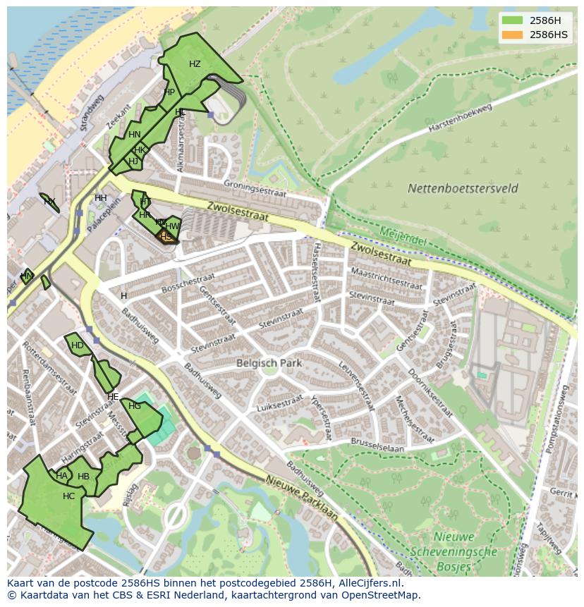 Afbeelding van het postcodegebied 2586 HS op de kaart.