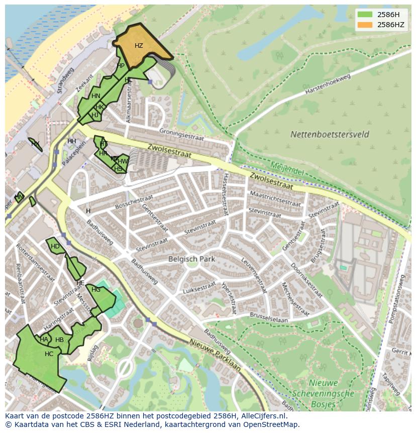 Afbeelding van het postcodegebied 2586 HZ op de kaart.