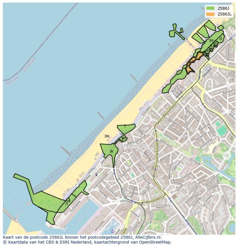 Afbeelding van het postcodegebied 2586 JL op de kaart.