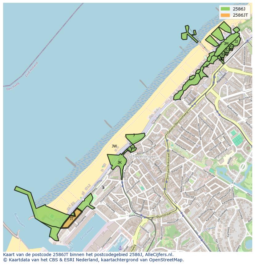 Afbeelding van het postcodegebied 2586 JT op de kaart.