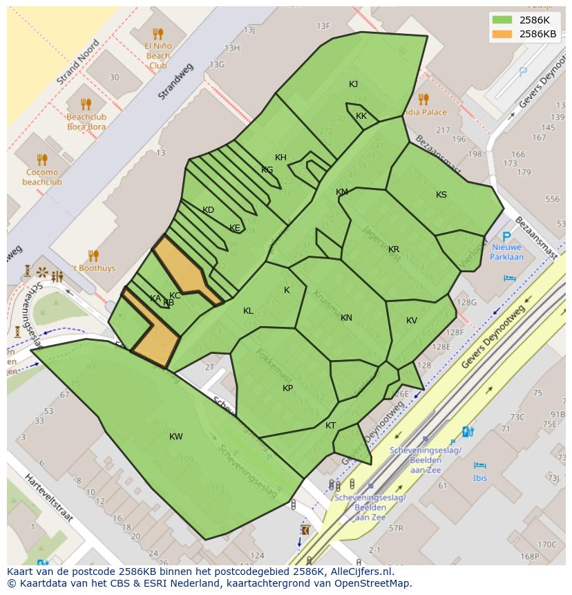 Afbeelding van het postcodegebied 2586 KB op de kaart.