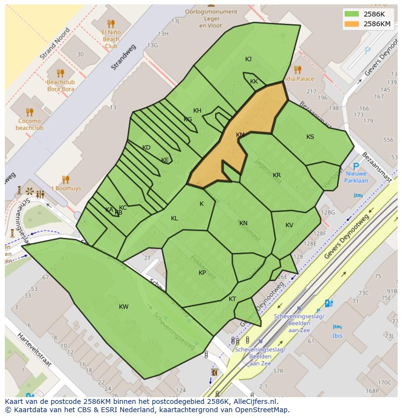 Afbeelding van het postcodegebied 2586 KM op de kaart.