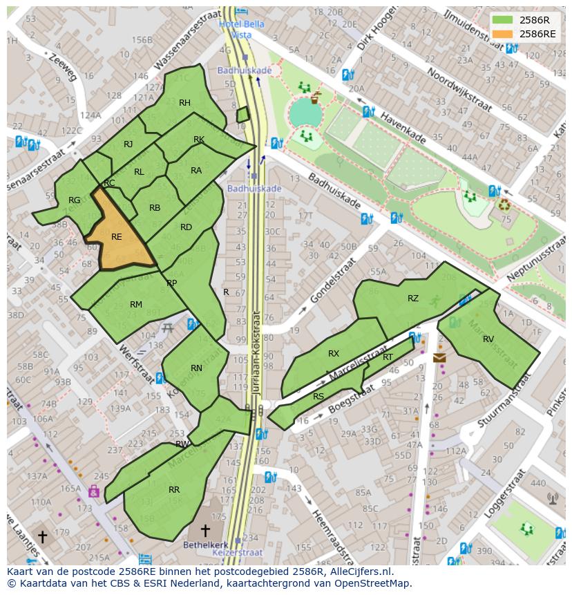 Afbeelding van het postcodegebied 2586 RE op de kaart.