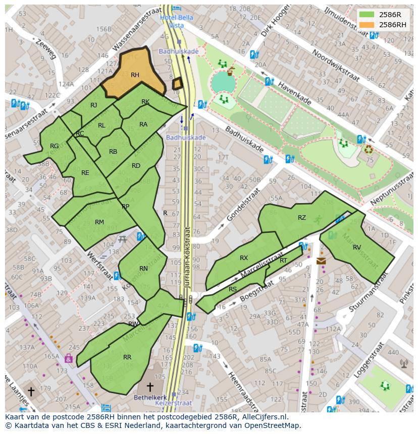 Afbeelding van het postcodegebied 2586 RH op de kaart.