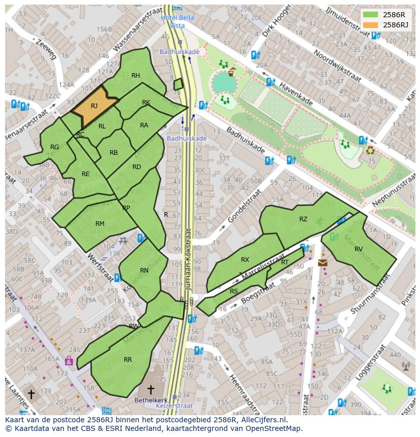 Afbeelding van het postcodegebied 2586 RJ op de kaart.