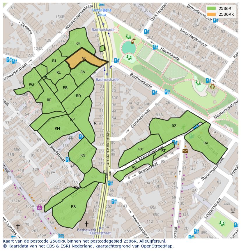 Afbeelding van het postcodegebied 2586 RK op de kaart.
