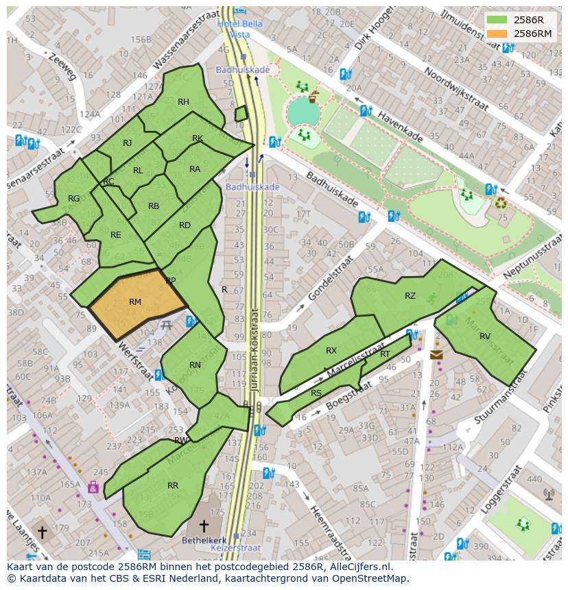 Afbeelding van het postcodegebied 2586 RM op de kaart.