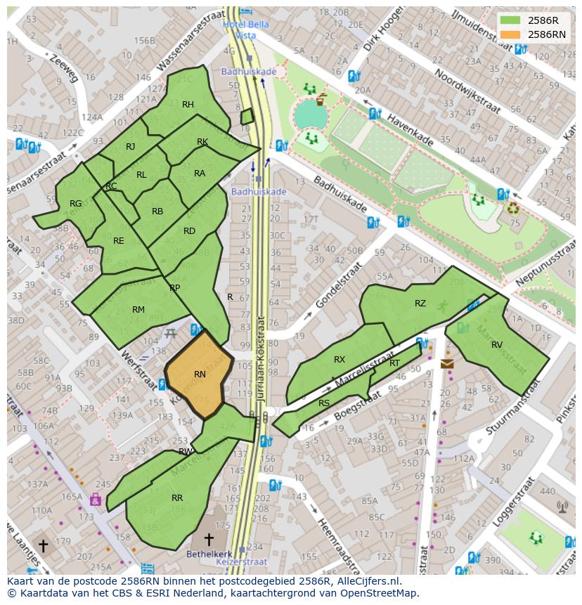 Afbeelding van het postcodegebied 2586 RN op de kaart.