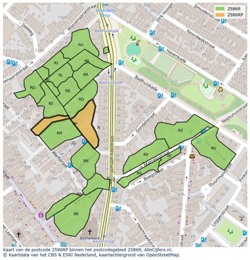 Afbeelding van het postcodegebied 2586 RP op de kaart.