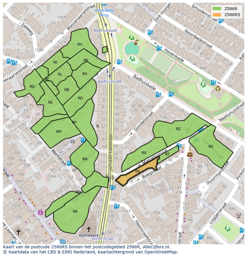 Afbeelding van het postcodegebied 2586 RS op de kaart.