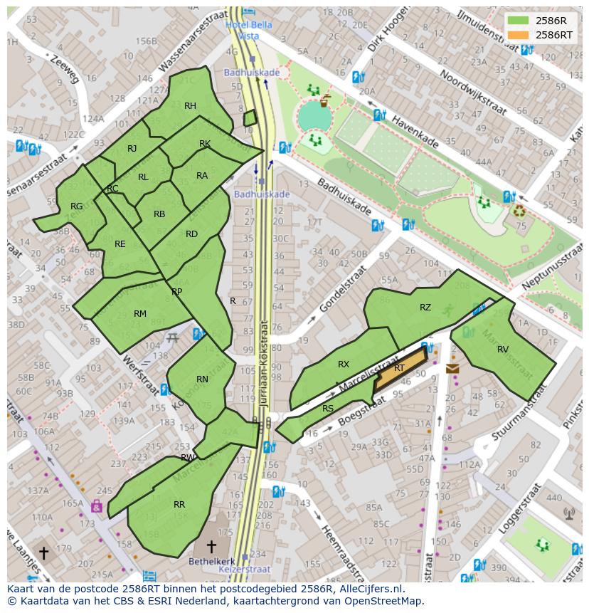 Afbeelding van het postcodegebied 2586 RT op de kaart.
