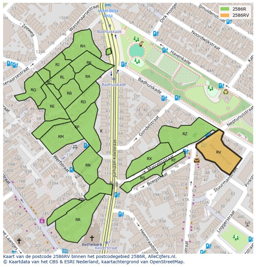 Afbeelding van het postcodegebied 2586 RV op de kaart.