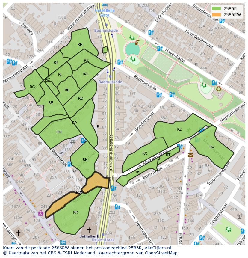Afbeelding van het postcodegebied 2586 RW op de kaart.