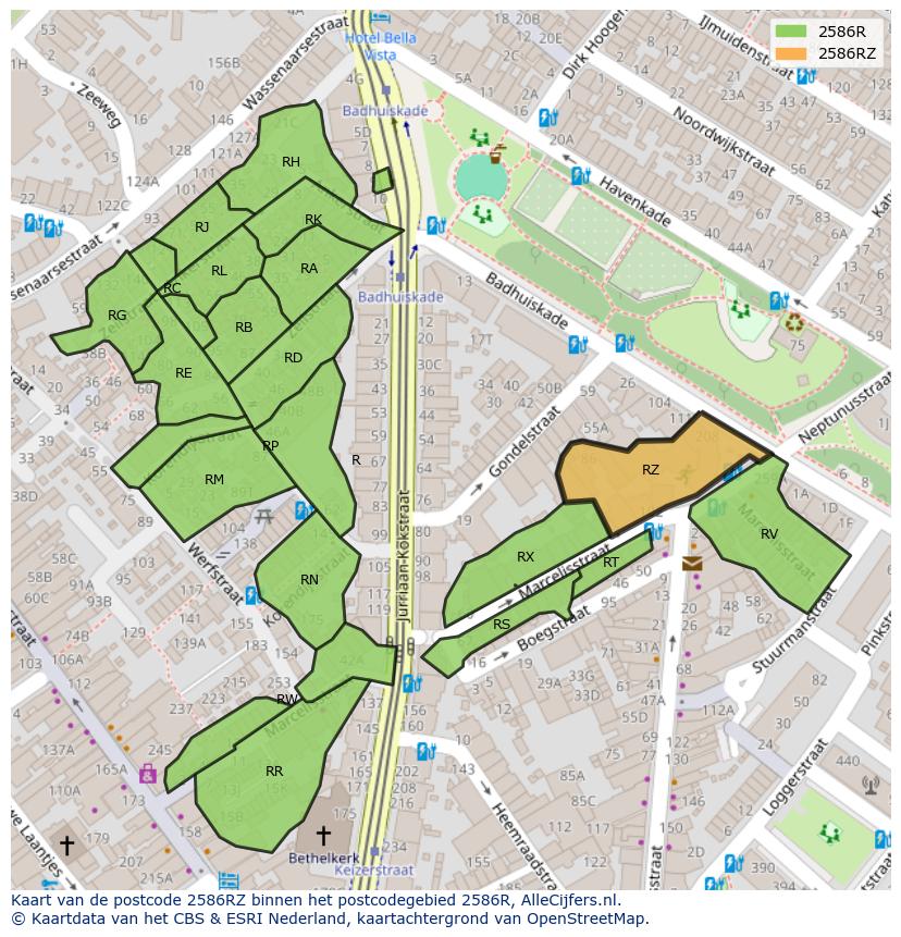 Afbeelding van het postcodegebied 2586 RZ op de kaart.