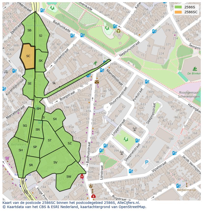 Afbeelding van het postcodegebied 2586 SC op de kaart.