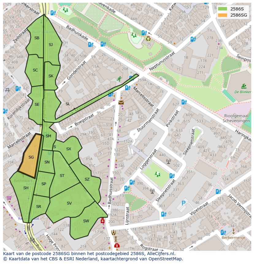 Afbeelding van het postcodegebied 2586 SG op de kaart.