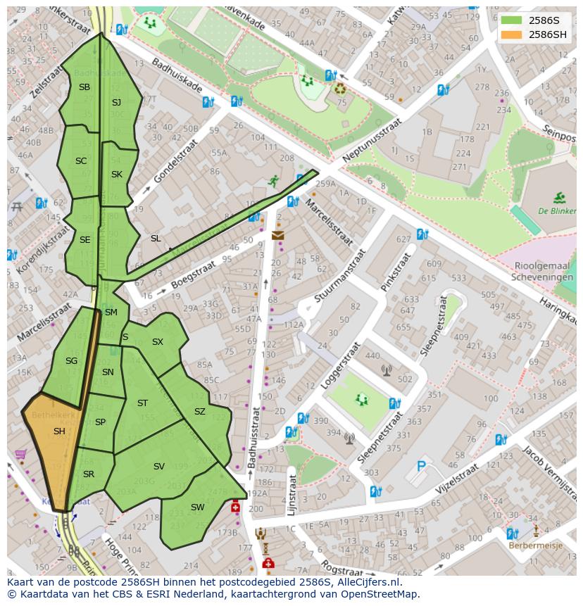 Afbeelding van het postcodegebied 2586 SH op de kaart.