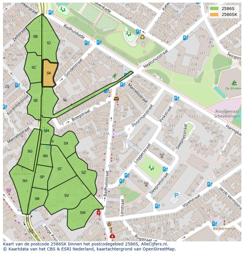 Afbeelding van het postcodegebied 2586 SK op de kaart.
