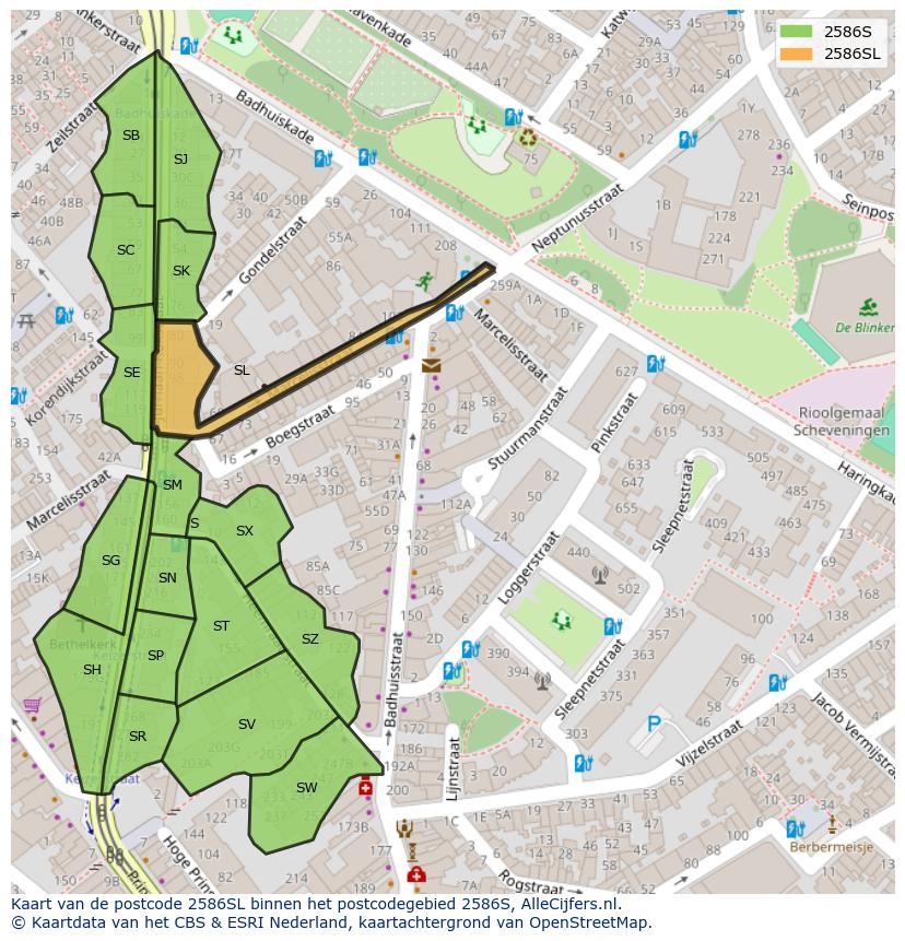 Afbeelding van het postcodegebied 2586 SL op de kaart.
