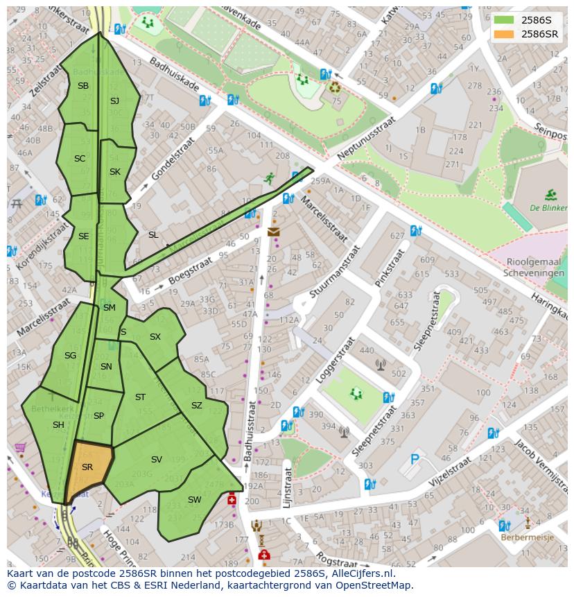 Afbeelding van het postcodegebied 2586 SR op de kaart.