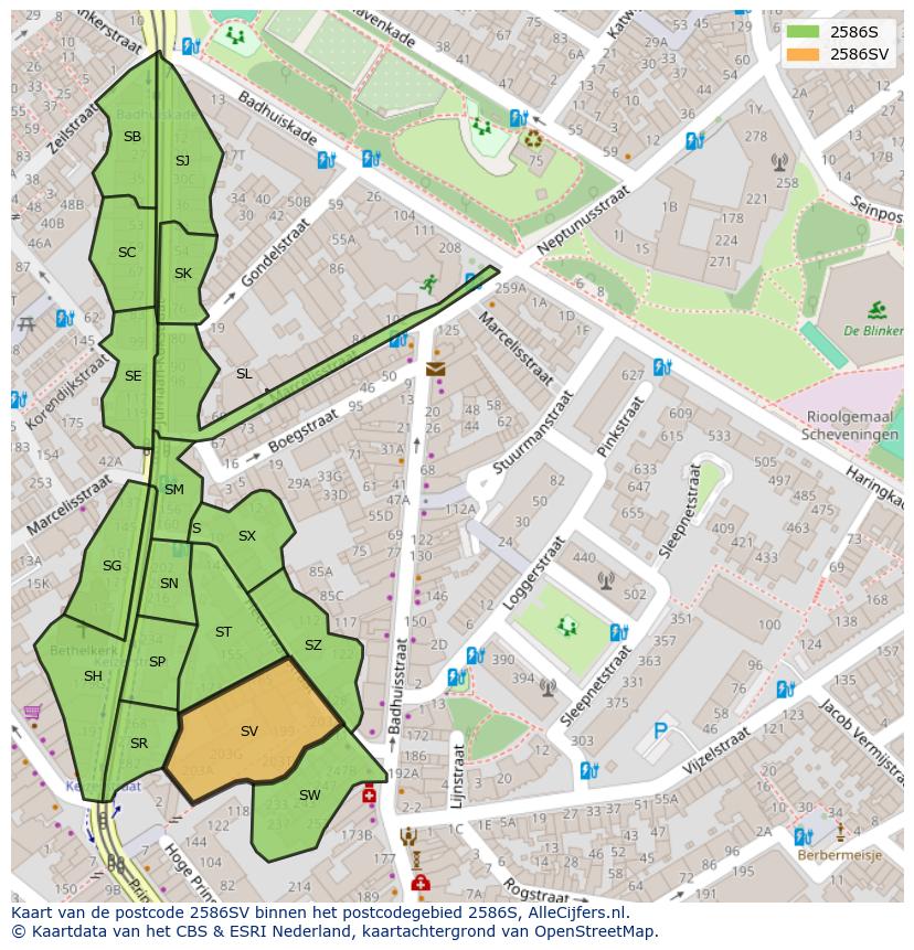 Afbeelding van het postcodegebied 2586 SV op de kaart.