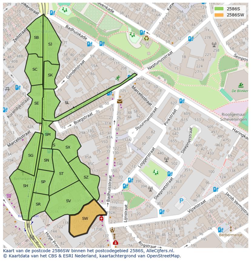 Afbeelding van het postcodegebied 2586 SW op de kaart.