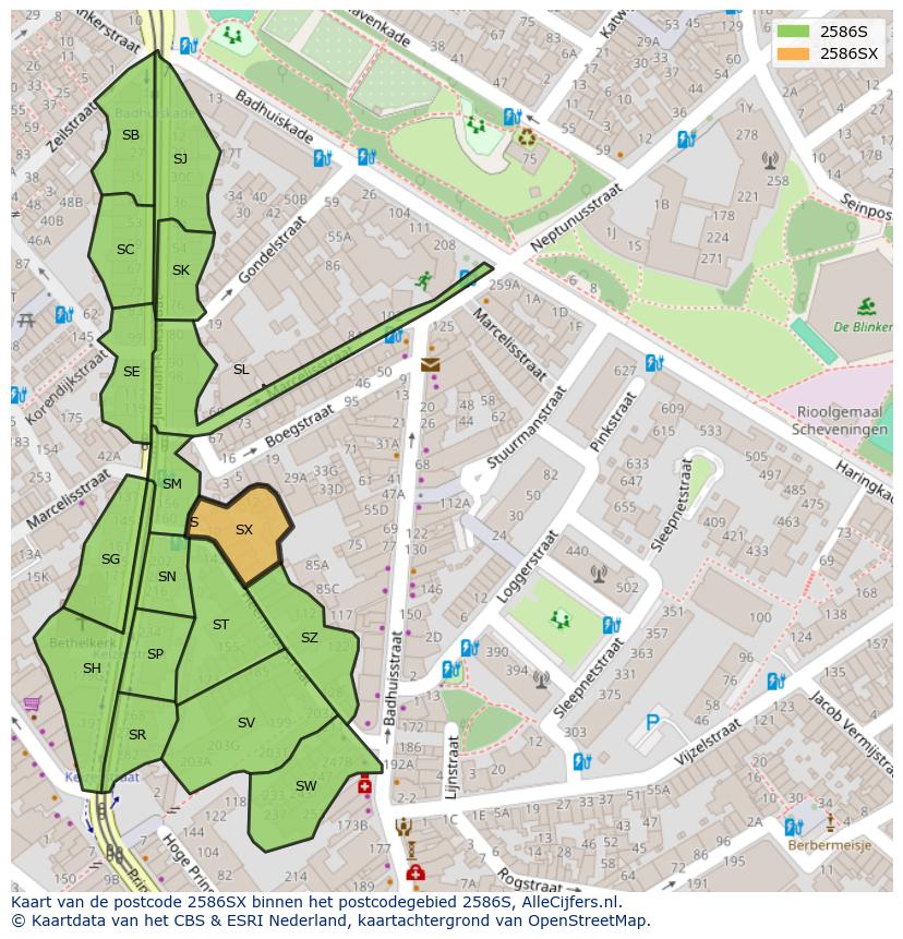 Afbeelding van het postcodegebied 2586 SX op de kaart.