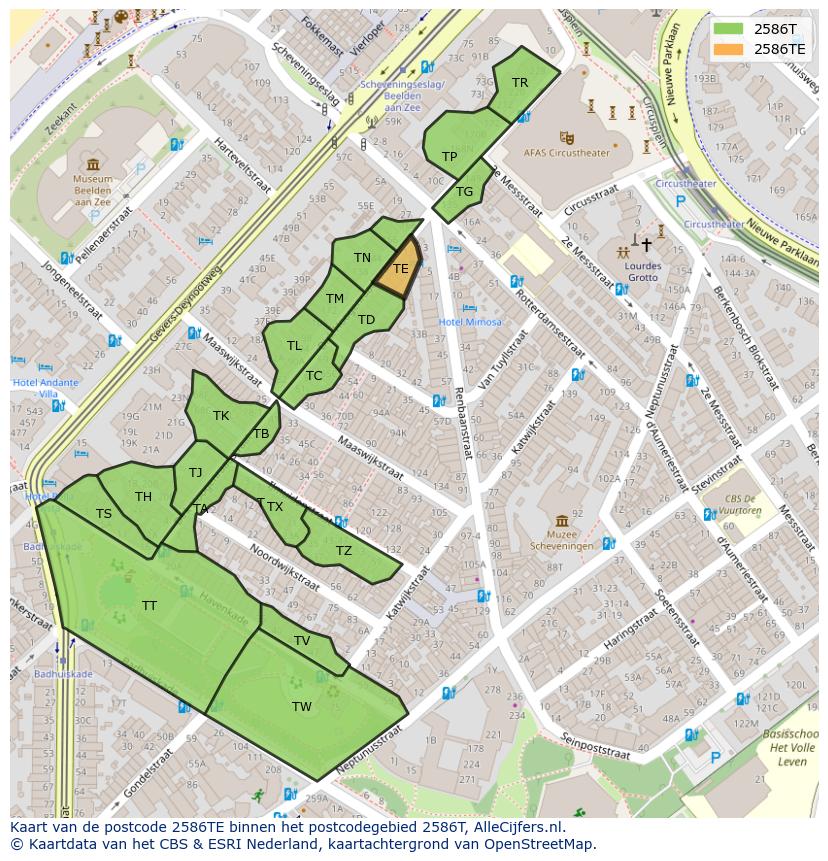 Afbeelding van het postcodegebied 2586 TE op de kaart.