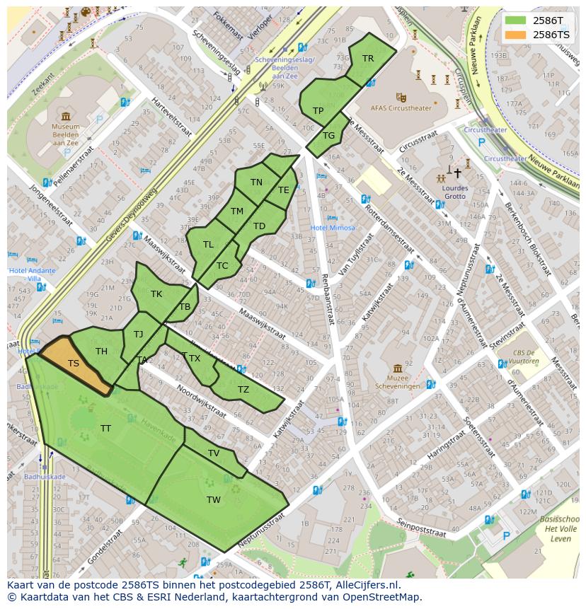 Afbeelding van het postcodegebied 2586 TS op de kaart.